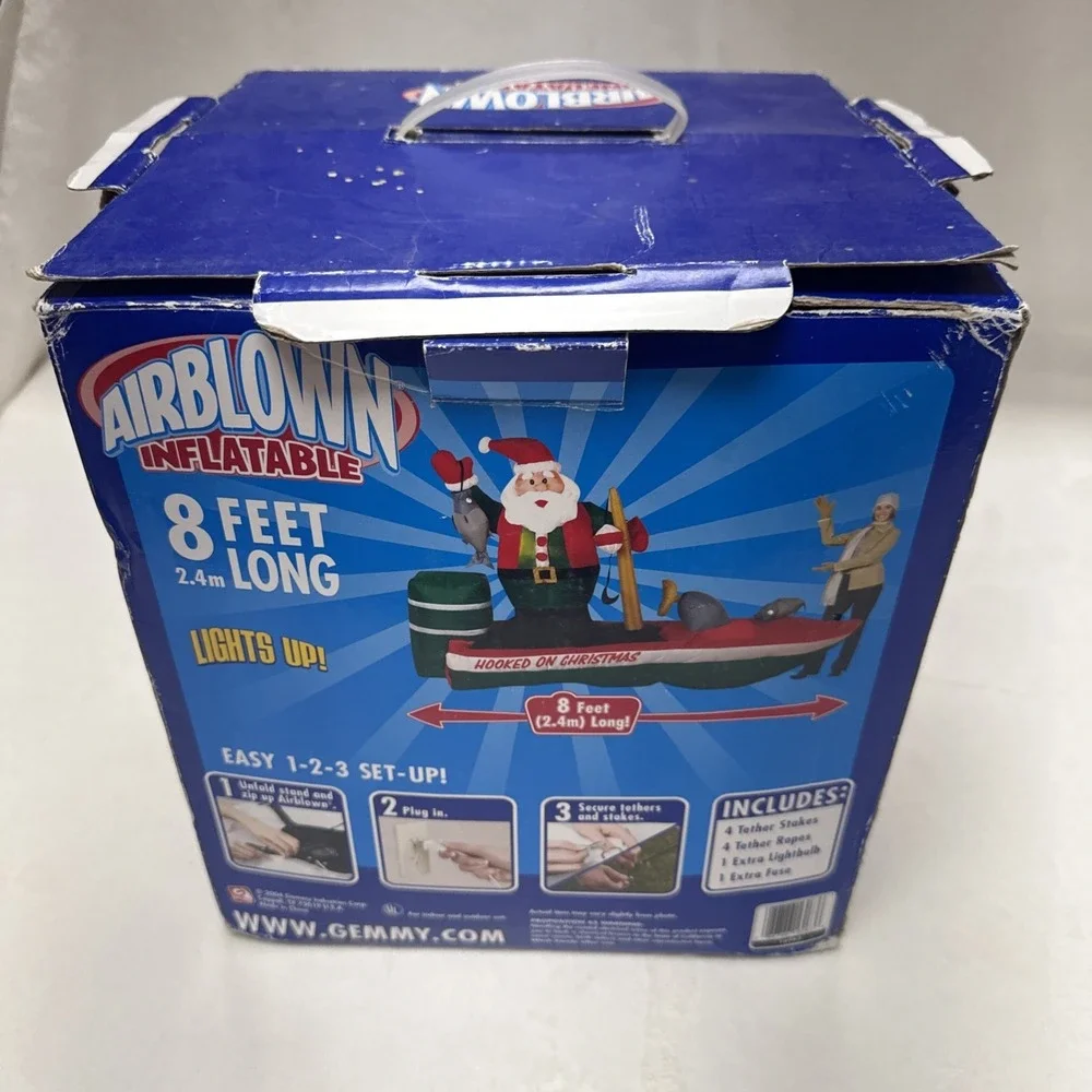 INFLATABLE Christmas SANTA Claus‎ FISHERMAN BOAT HOOKED ON CHRISTMAS LIGHTED 8ft